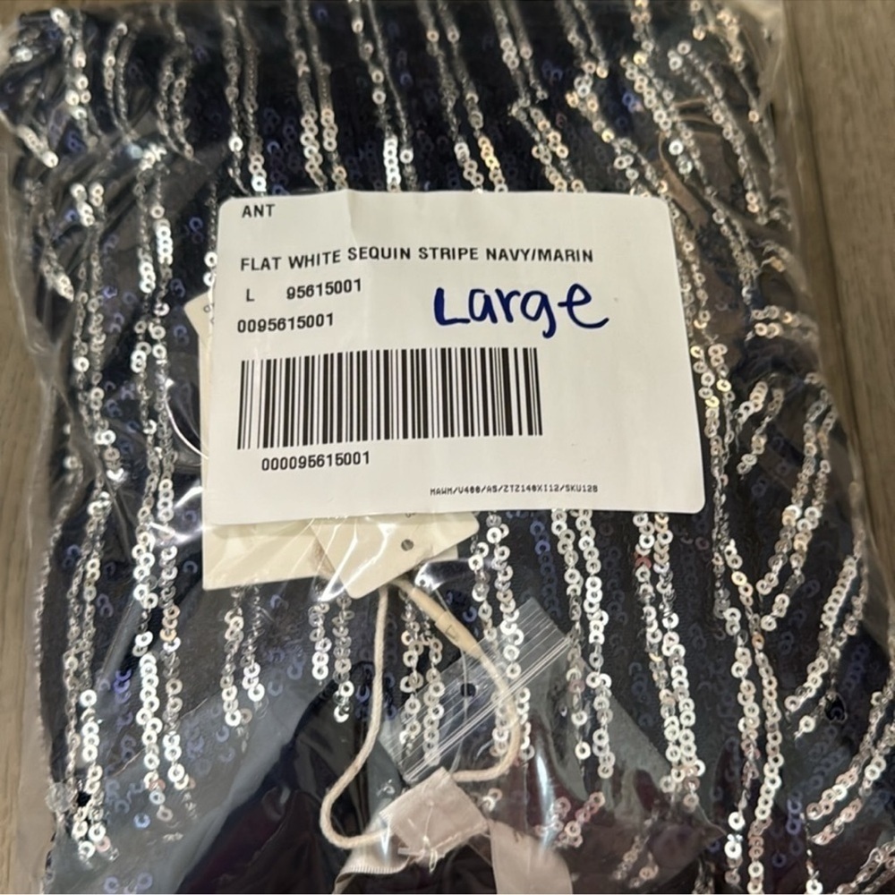 NWT! Anthropologie FLAT WHITE NAVY SHORT-SLEEVE SEQUIN STRIPE MIDI DRESS 🧳 - Picture 10 of 10